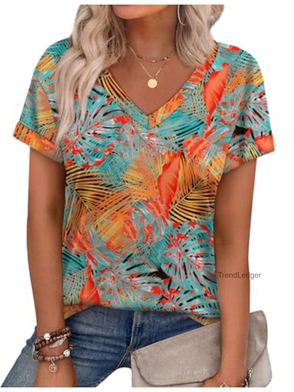 Womens V-Neck Short Sleeve T-Shirt Floral Loose Fit Summer Casual Top